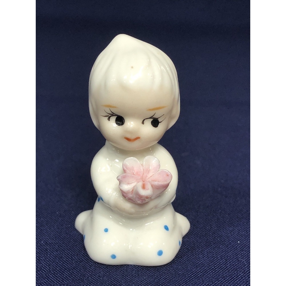 Vintage Minature Baby Figurines In Blue Polka Dot Pajamas NAPCO Glossy